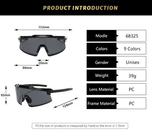 Size chart for oversized cycling sunglasses detailing 153mm width and PC material specs