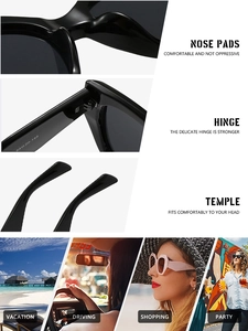 Detailed views of the integrated nose pads, reinforced hinges and curved temples of sun shades