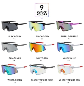 Detailed grid showing 9 color options of oversized sports cycling sunglasses