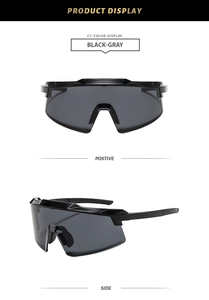 Front and side views of black-gray oversized wraparound cycling sunglasses with sleek frames