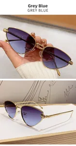 Detailed view of cat-eye sunglasses with gold panther head temple and grey-blue gradient lens