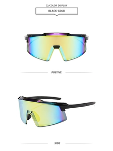 Detail of black sport cycling sunglasses with rainbow lenses from front and side views