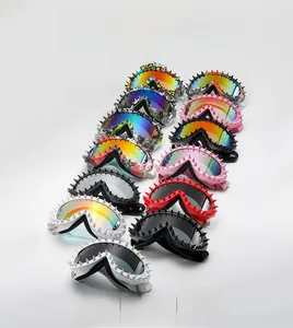 Close-up of punk-style outdoor sunglasses with spiked rivets in multiple color options
