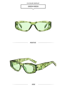 Gros plan de lunettes de soleil petit cadre avec motif marbre vert et verres assortis