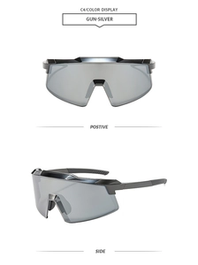 Front and side view of gun-silver oversized rimless sports cycling sunglasses
