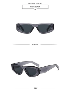 Vue détaillée des lunettes de soleil en acétate gris avec verres foncés, face et profil