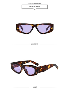 Détails de lunettes de soleil à monture écaille avec verres violets, vues de face et de profil