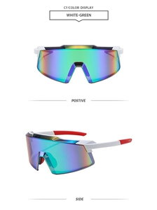Detail view of white cycling sunglasses with polarized green-purple gradient lenses