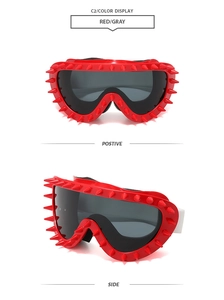 Detailed views of red punk sunglasses with silver studs and gray lenses from two angles