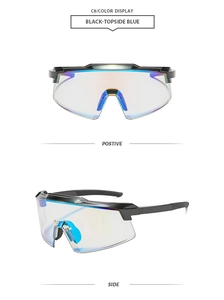 Front and side view of matte black oversized cycling sunglasses with blue-purple lenses