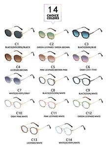 Matrix showing 14 vintage hexagonal sunglasses in diverse frame and lens color options
