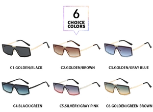 Detailed grid of oversized frameless sunglasses in six assorted lens and metal frame colors