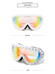 Detail view of white frame sports sunglasses with punk studs and rainbow gradient lens