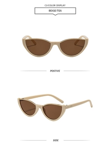 Détail de lunettes de soleil œil de chat rétro beiges avec verres thé de face et de profil