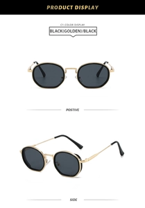 Detail view showing black lenses and gold metal frames of these retro round sunglasses