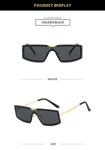 Detail view of large rimless sunglasses with gold V-shaped metal nose bridge and slim temples
