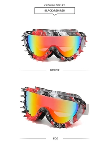 Detail of red and black graffiti sports sunglasses with punk rivets and reflective lenses