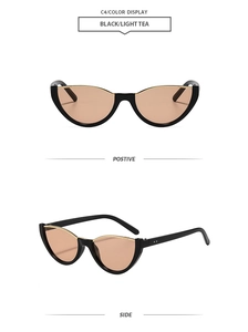Détails des lunettes de soleil œil de chat noires avec bord doré et verres thé