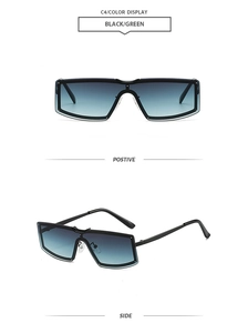 Front and side views of oversized rimless sunglasses with black and green gradient lenses