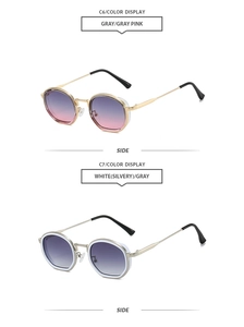 Side view of retro round sunglasses with gold and silver frames and gradient lenses
