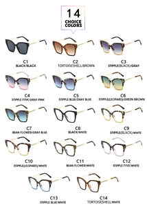 Detailed catalog showing fourteen color variants of square oversized fashion sunglasses