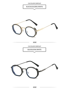 Detail of round retro sunglasses in Black/Golden and Black/Gun colors with white temples