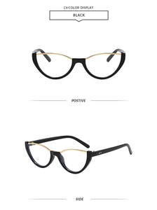 Vues de face et de profil de lunettes de soleil vintage œil de chat noir et doré