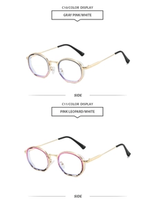 Side view of small round frame sunglasses in gray pink and leopard print with gold temples