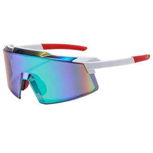 Fashionable oversized one-piece cycling sunglasses with white frame and red temples