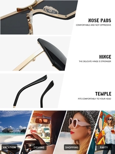 Detail view of soft nose pads, metal hinges, and sleek temples of large frame sunglasses