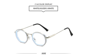Side view of silver polygonal metal frames with blue light blocking lenses and black tips