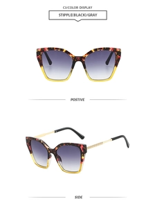 Detail of square cat-eye sunglasses with colorful stipple pattern and gradient lenses
