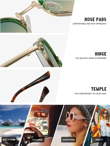 Detail of gold metal frame sunglasses featuring nose pads, hinge, and ergonomic temples