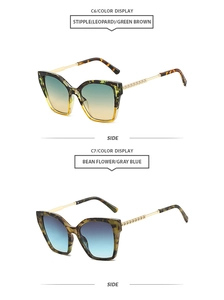Detail of square sunglasses with leopard patterns and gradient lenses in gold frames