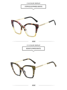 Detail of square cat eye glasses frames with metal temples featuring V-shaped engraving