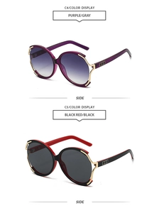 Side view of oversized round sunglasses with purple gradient lenses and bold metal temples