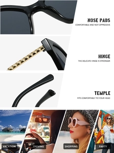 Detail view of square sunglasses with reinforced metal hinges and versatile lifestyle scenes