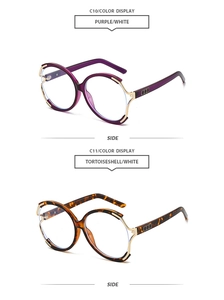 Detail view of round oversized eyewear frames in purple and tortoiseshell colors