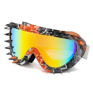 Camo punk sports goggles with colorful lenses and spikes in a 45-degree angle view