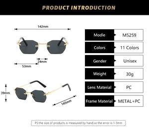 Detailed size specifications for rimless octagonal sunglasses with M5259 dimensions