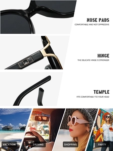 Detail of ergonomic nose pads, sturdy hinges, and stylish sunglasses in four scenes