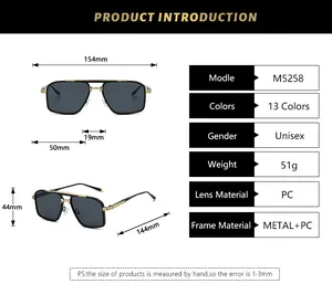 Size chart showing dimensions of double bridge pilot sunglasses with 154mm frame width