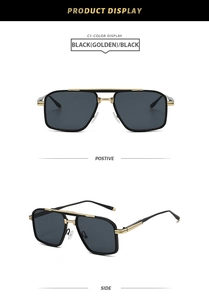 Detail view of double bridge square sunglasses with black frames and gold metal accents