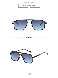 Detailed front and side views of black double-bridge metal square pilot sunglasses