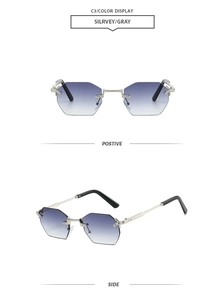 Dual-angle view of rimless geometric sunglasses with gradient blue lenses and silver metal temples