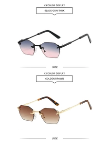 Detail of rimless polygon sunglasses in gradient grey-pink and brown with gold metal arms