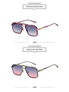 Detail view of double bridge aviator sunglasses in purple and gunmetal finishes