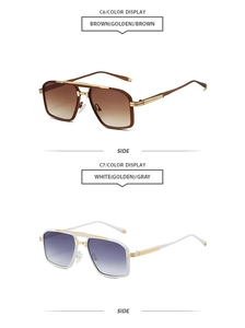 Detail view of retro double bridge metal sunglasses in brown and white color options