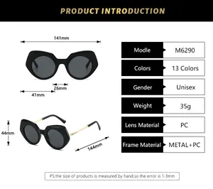 Detaillierte Größentabelle für polygonale Sonnenbrillen mit Maßen und PC-Linsen-Specs