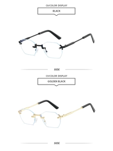 Detail view of rimless polygon sunglasses with metallic temples in black and gold finishes